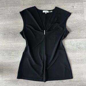 Calvin Klein Black Sleeveless V-Neck Blouse Gold Bar Hardware XS
